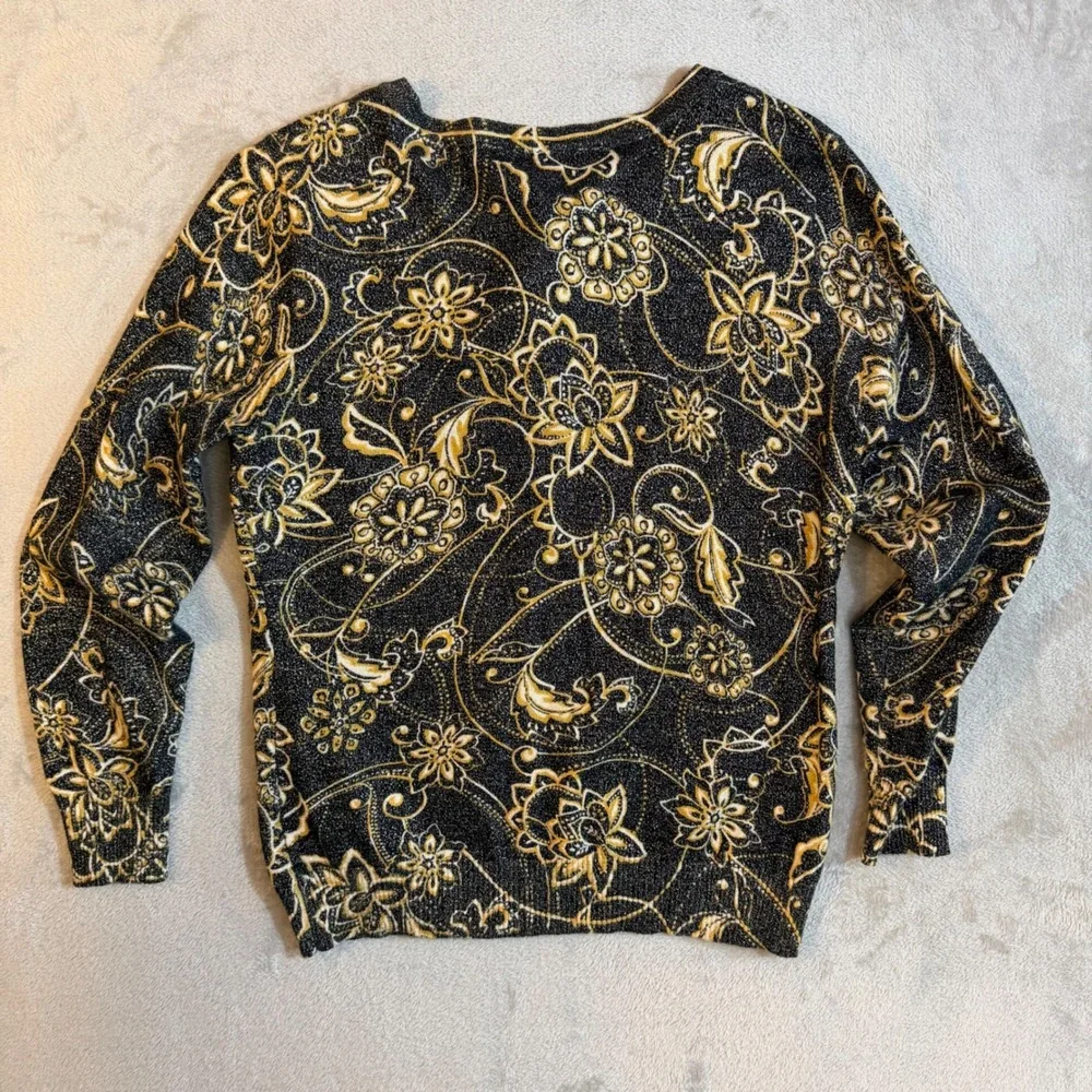 Whimsygoth Womens Metallic Floral Paisley Cardigan Sweater Black Gold Silver‎ L